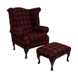 Bordó fekete kockás gyapjúszövettel kárpitozott Chesterfield fotel lábtartóval. 