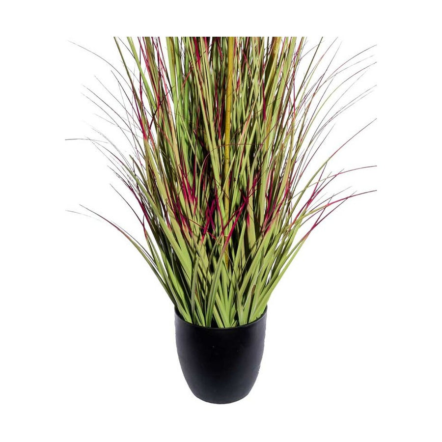 Zöld színű, bordó átmenetes bugákkal rendelkező, mű ciprusi fű, fekete műanyag kaspóban.