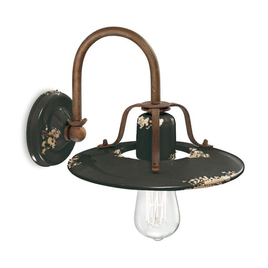 Rusztikus, vidéki stílusú, antikolt felületű mázas kerámiából és fémből készült, kézműves falilámpa