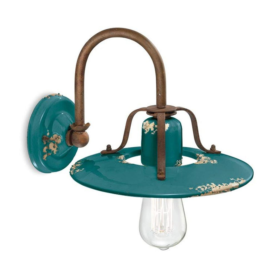 Rusztikus, vidéki stílusú, antikolt felületű mázas kerámiából és fémből készült, kézműves falilámpa