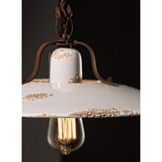 Rusztikus, vidéki stílusú, antikolt felületű mázas kerámiából és fémből készült, textilburkolatú vezetékkel kialakított, kézműves függeszték lámpa