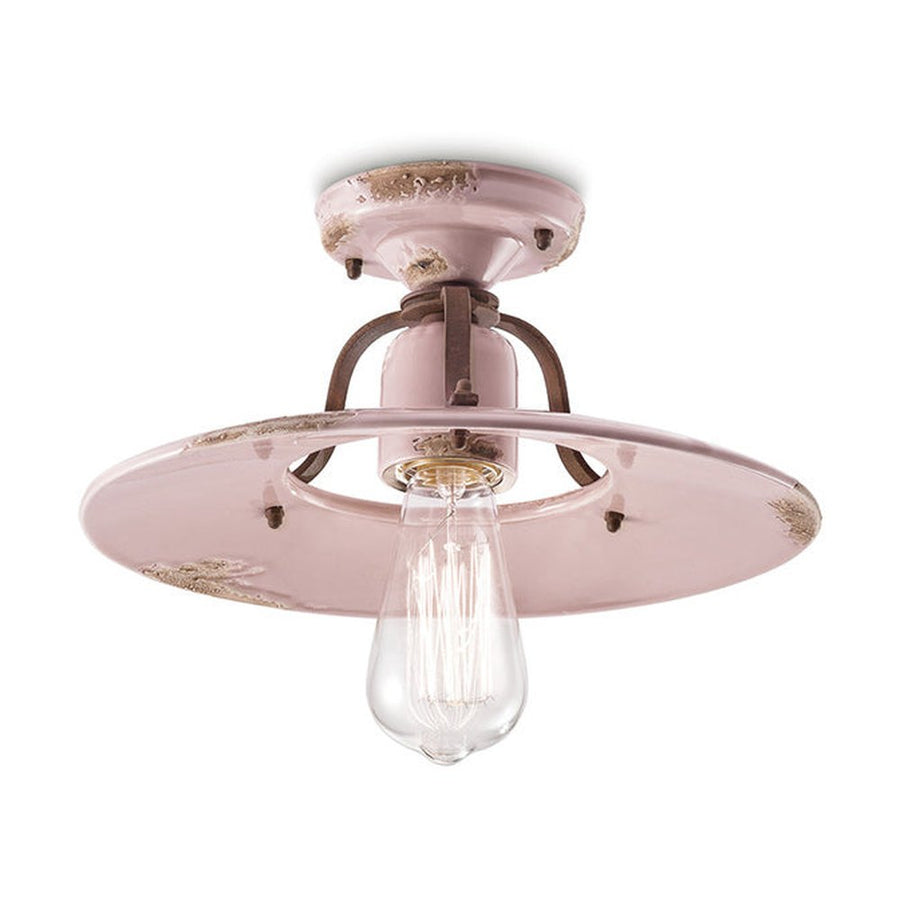 Rusztikus, vidéki stílusú, antikolt felületű mázas kerámiából és fémből készült, kézműves mennyezeti lámpa.