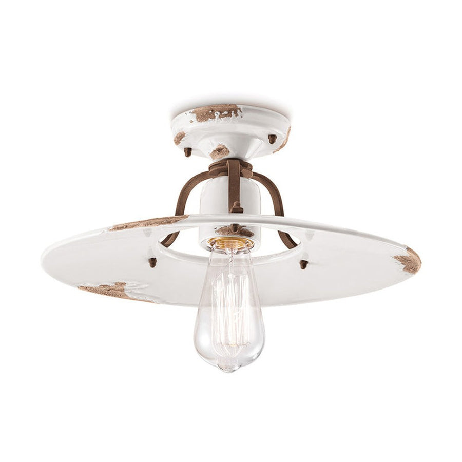 Rusztikus, vidéki stílusú, antikolt felületű mázas kerámiából és fémből készült, kézműves mennyezeti lámpa.