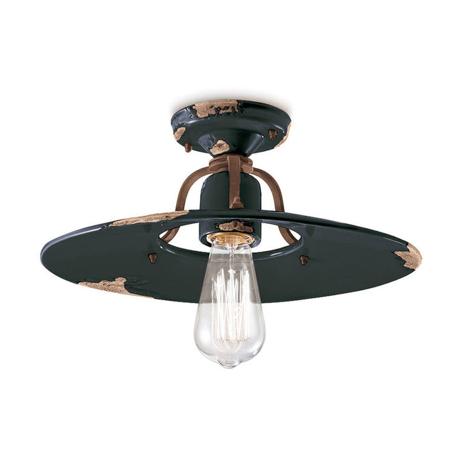 Rusztikus, vidéki stílusú, antikolt felületű mázas kerámiából és fémből készült, kézműves mennyezeti lámpa.