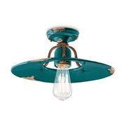 Rusztikus, vidéki stílusú, antikolt felületű mázas kerámiából és fémből készült, kézműves mennyezeti lámpa.