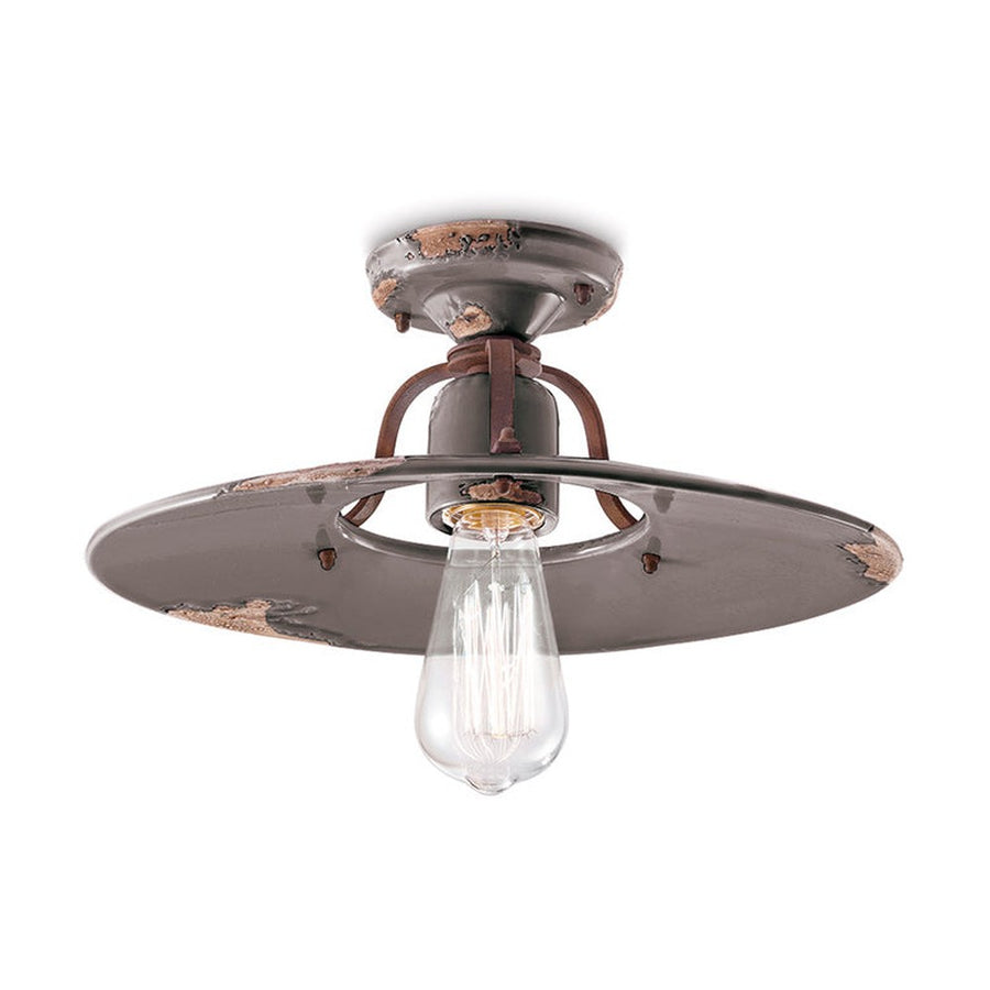 Rusztikus, vidéki stílusú, antikolt felületű mázas kerámiából és fémből készült, kézműves mennyezeti lámpa.