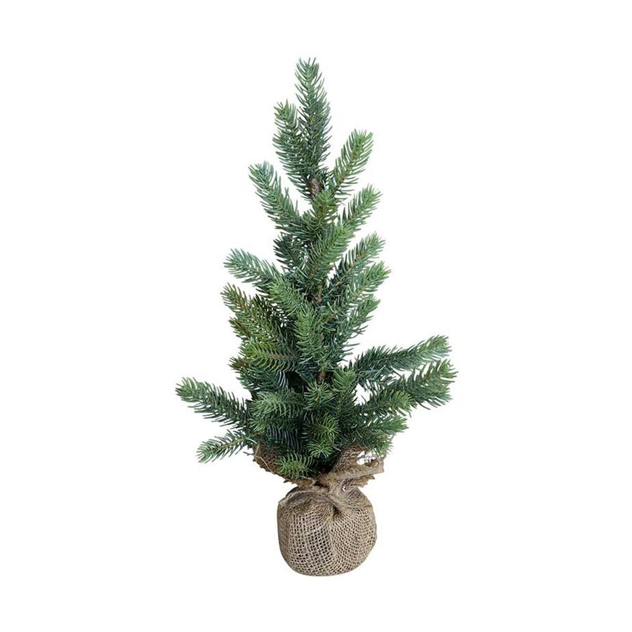 Élethű, "Real Touch" hatású levelű, 45 cm magas mesterséges dekorációs műfenyő jutazsákban.