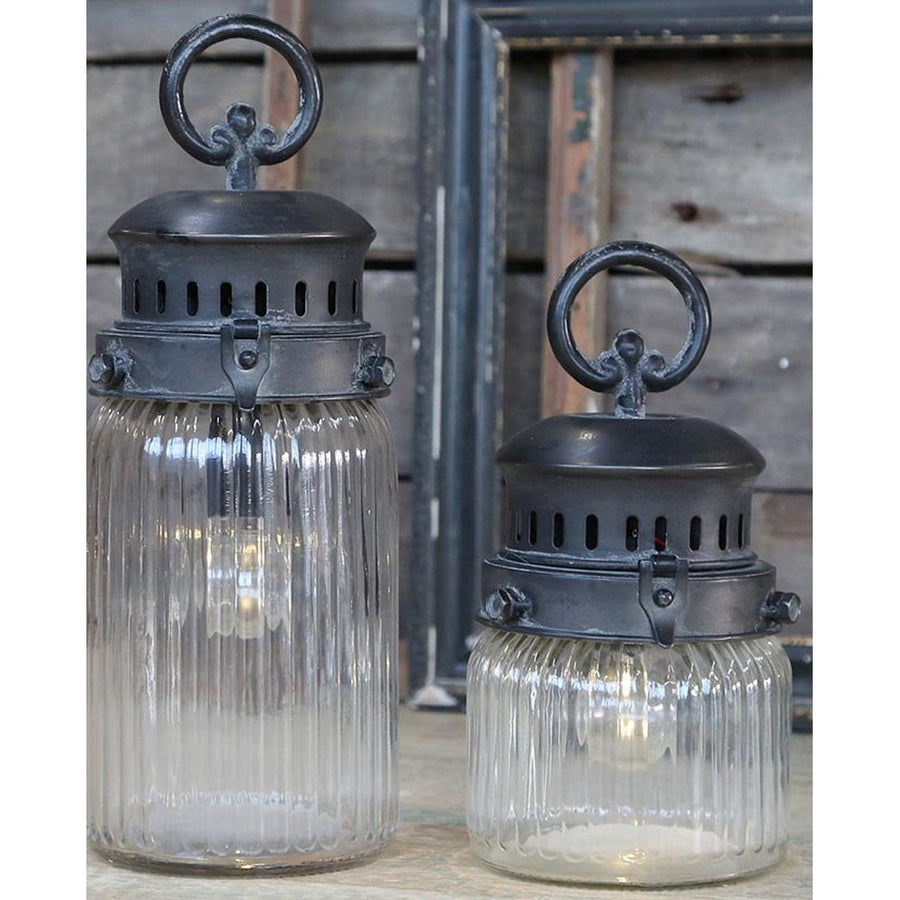 Vidéki, Country, Vintage stílusú barázdált üvegű dekor fémlámpa időzíthető LED izzóval