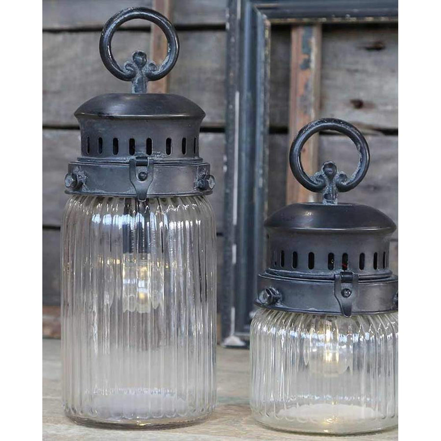 Vidéki, Country, Vintage stílusú barázdált üvegű dekor fémlámpa időzíthető LED izzóval