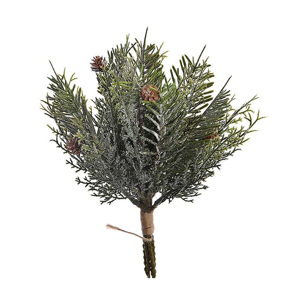 Apró tobozokkal díszített, glitteres, deres felületű, dús kialakítású mű fenyő pick.