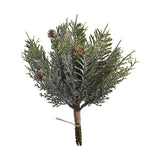 Apró tobozokkal díszített, glitteres, deres felületű, dús kialakítású mű fenyő pick.