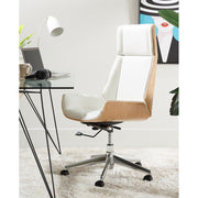 Prémium kategóriás, "modern" illetve "loft" stílusú, állítható magasságú, dió furnéros, fehér műbőr kárpitú, kerekes irodai vezetői forgószék, fehér szőnyegen üveglapos íróasztal előtt