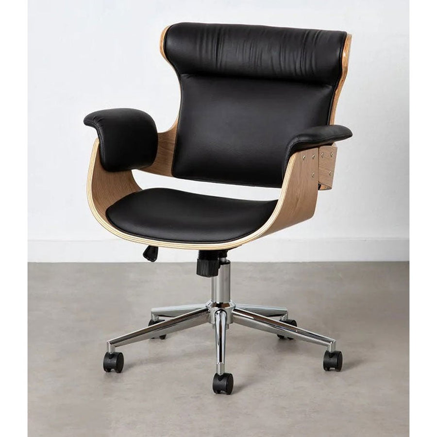 Prémium kategóriás, modern illetve loft stílusú, állítható magasságú, dió furnéros, fekete műbőr kárpitú, kerekes irodai vezetői forgószék