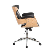 Prémium kategóriás, modern illetve loft stílusú, állítható magasságú, dió furnéros, fekete műbőr kárpitú, kerekes irodai vezetői forgószék