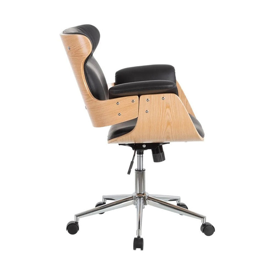 Prémium kategóriás, modern illetve loft stílusú, állítható magasságú, dió furnéros, fekete műbőr kárpitú, kerekes irodai vezetői forgószék