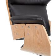 Prémium kategóriás, modern illetve loft stílusú, állítható magasságú, dió furnéros, fekete műbőr kárpitú, kerekes irodai vezetői forgószék