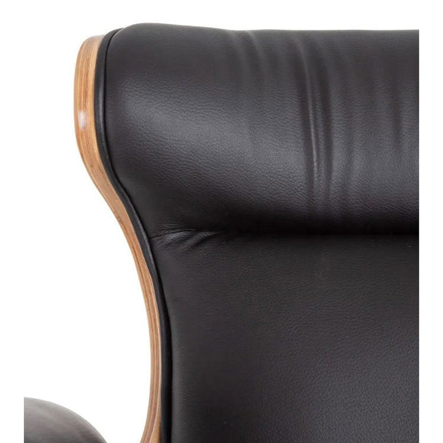 Prémium kategóriás, modern illetve loft stílusú, állítható magasságú, dió furnéros, fekete műbőr kárpitú, kerekes irodai vezetői forgószék