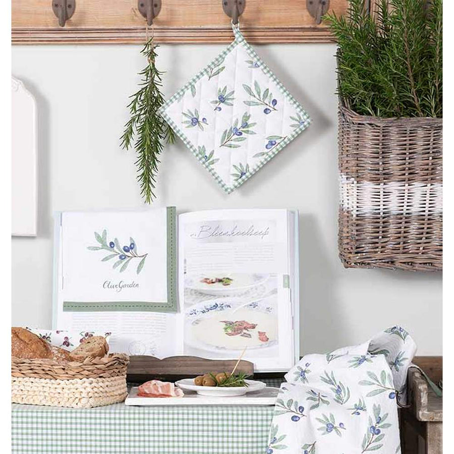 Mediterrán stílusú, olívaágakkal díszített 100 % pamut konyhai edényalátét