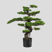 Nagyméretű, 90 cm magas, mesterséges bonsai fa, fekete színű műanyag cserépben.