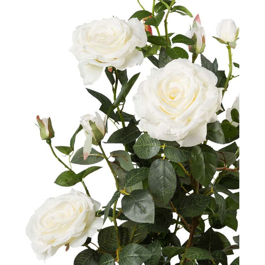 Prémium minőségű, nagyméretű, 90 cm magas, fehér színű, élethű mesterséges mű rózsabokor, fekete műanyag cserépben