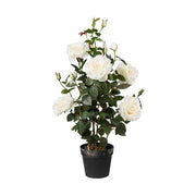 Prémium minőségű, nagyméretű, 90 cm magas, fehér színű, élethű mesterséges mű rózsabokor, fekete műanyag cserépben