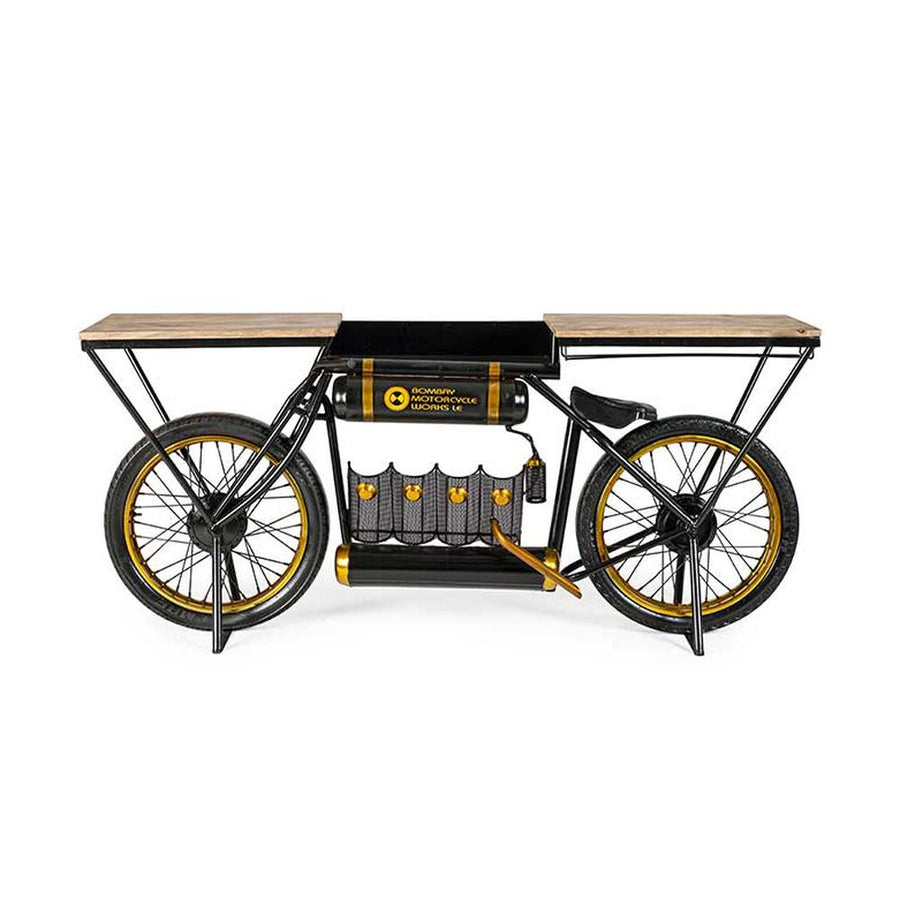 Korabeli versenymotor formájú, fa fedlapos antikolt fekete fém bortartós bárpult oldalnézete.