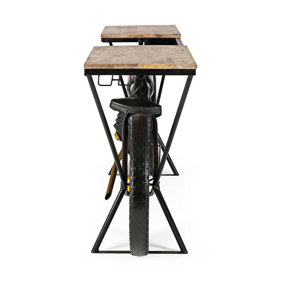 Korabeli versenymotor formájú, fa fedlapos antikolt fekete fém bortartós bárpult hátulnézete.