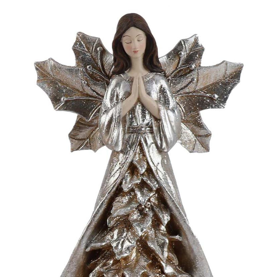 Vintage stílusú, ezüst színű, 34 cm magas, imádkozó, karácsonyi erdei angyal figura
