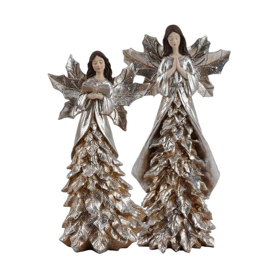 Vintage stílusú, ezüst színű, 34 cm magas, imádkozó, karácsonyi erdei angyal figura