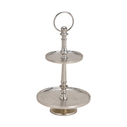 Kerek formájú, ezüst színű, 2 szintes fém kínáló állvány