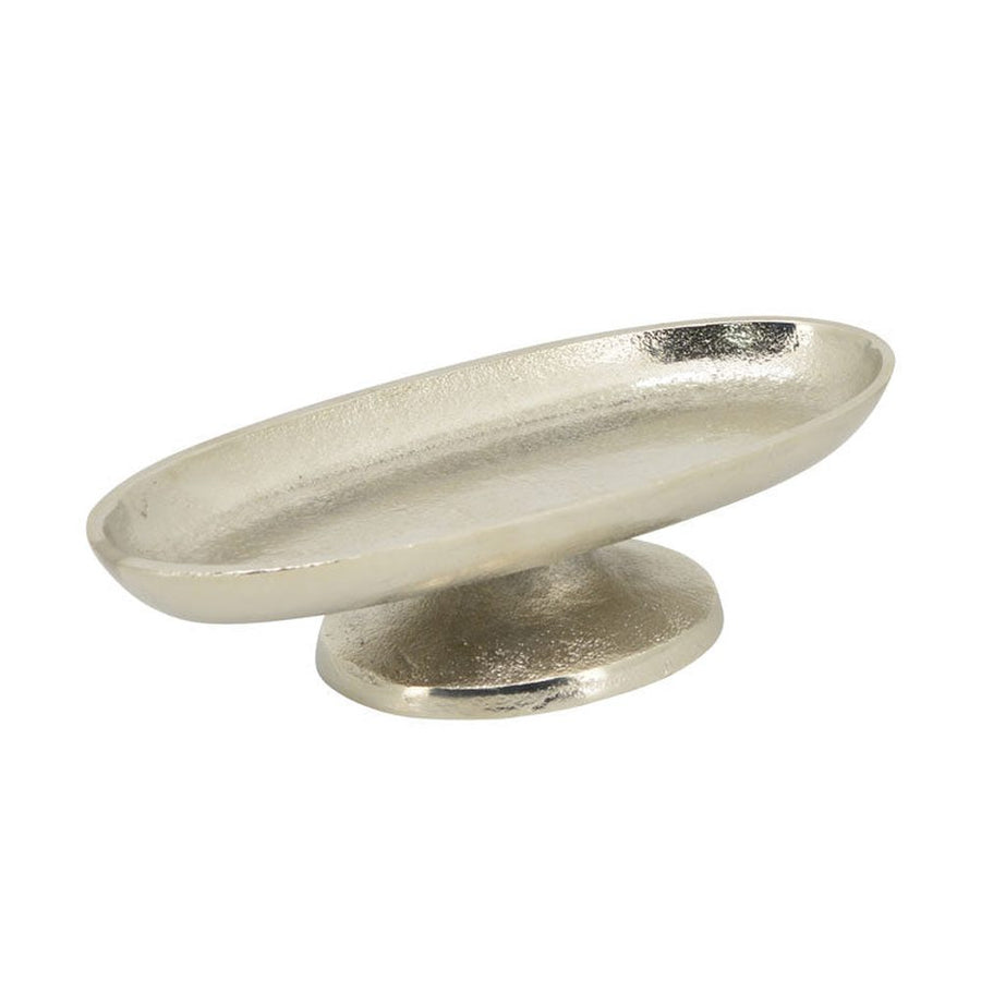 Glamour stílusú, 26 cm hosszú, ovális formájú, ezüstszínű talpas fémtálca