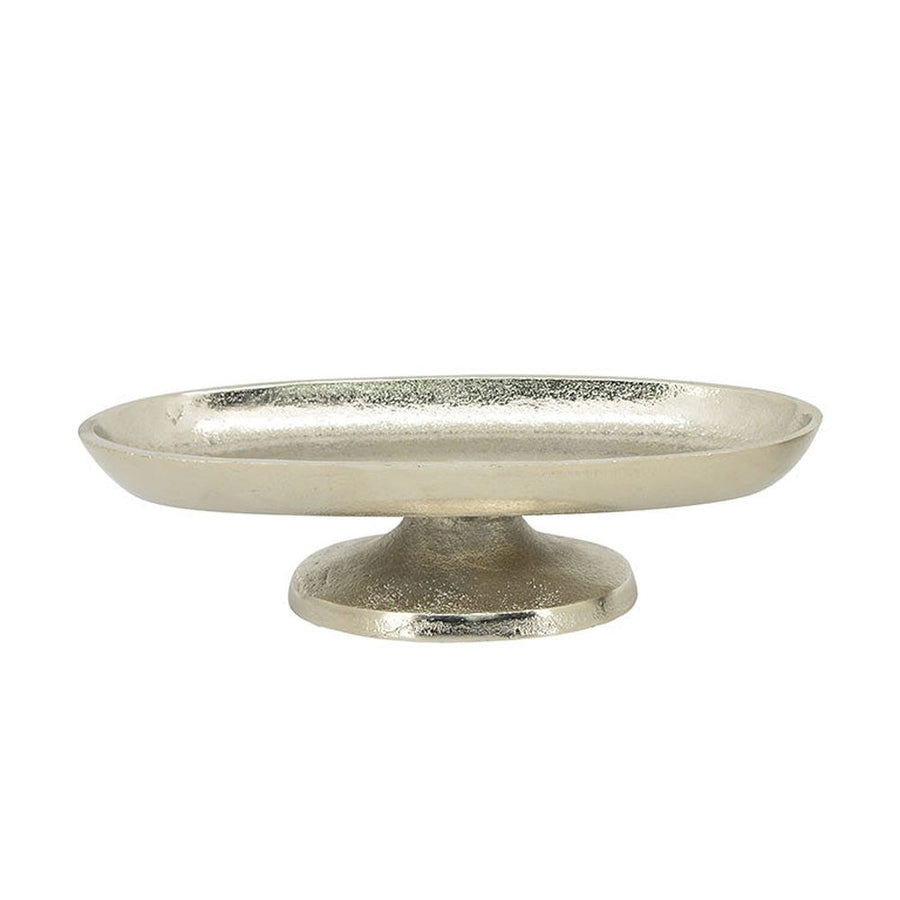 Glamour stílusú, 26 cm hosszú, ovális formájú, ezüstszínű talpas fémtálca. 