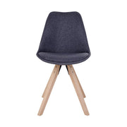 Skandináv stílusú, kagylóhéj formájú, szürke színű textillel kárpitozott étkezőszék, kaucsukfa lábakkal.