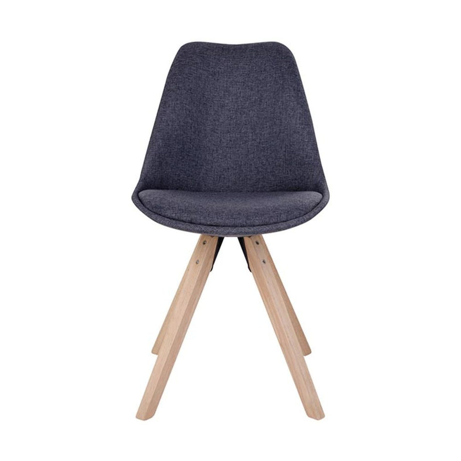 Skandináv stílusú, kagylóhéj formájú, szürke színű textillel kárpitozott étkezőszék, kaucsukfa lábakkal.