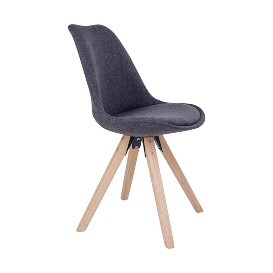 Skandináv stílusú, kagylóhéj formájú, szürke színű textillel kárpitozott étkezőszék, kaucsukfa lábakkal.