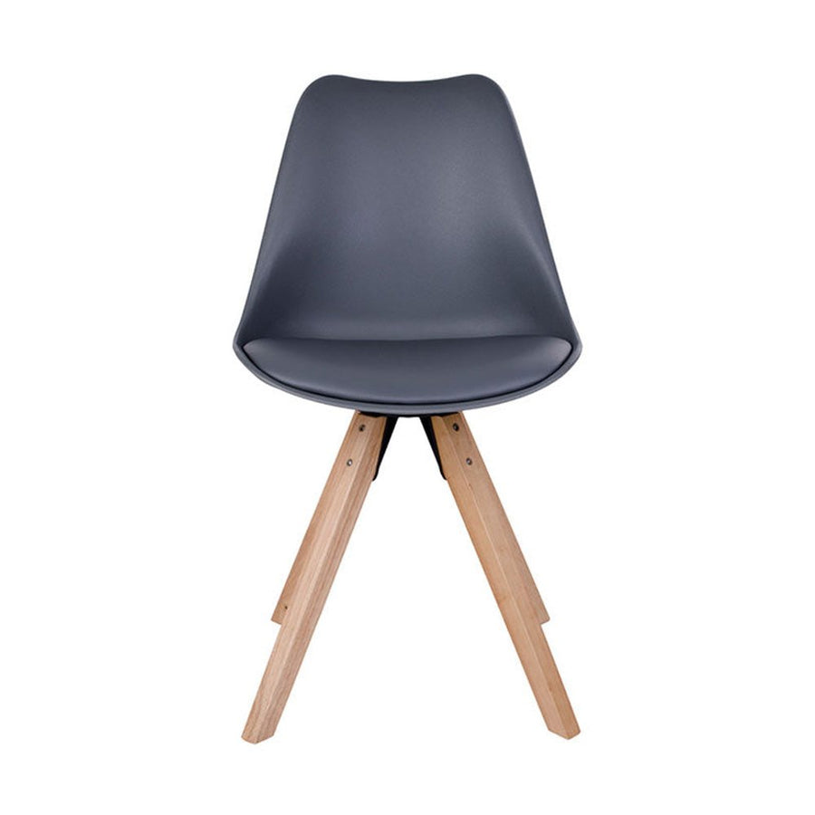 Skandináv stílusú, kagylóhéj formájú, natúr színű kaucsukfa, gumifa lábú, szürke színű műbőrrel teljesen kárpitozott műanyag étkezőszék szembenézeti képe 