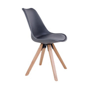 Skandináv stílusú, kagylóhéj formájú, natúr színű kaucsukfa, gumifa lábú, szürke színű műbőrrel teljesen kárpitozott műanyag étkezőszék oldalnézeti képe