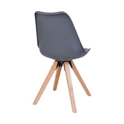 Skandináv stílusú, kagylóhéj formájú, natúr színű kaucsukfa, gumifa lábú, szürke színű műbőrrel teljesen kárpitozott műanyag étkezőszék hátulnézeti képe