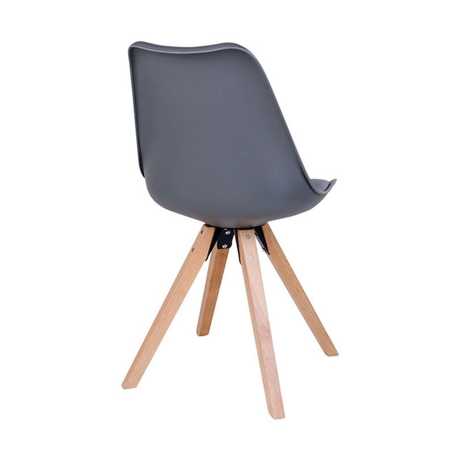 Skandináv stílusú, kagylóhéj formájú, natúr színű kaucsukfa, gumifa lábú, szürke színű műbőrrel teljesen kárpitozott műanyag étkezőszék hátulnézeti képe