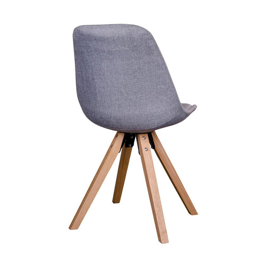 Skandináv stílusú, kagylóhéj formájú, világosszürke színű textillel kárpitozott étkezőszék, kaucsukfa lábakkal.