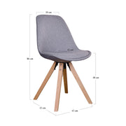 Skandináv stílusú, kagylóhéj formájú, világosszürke színű textillel kárpitozott étkezőszék, kaucsukfa lábakkal.