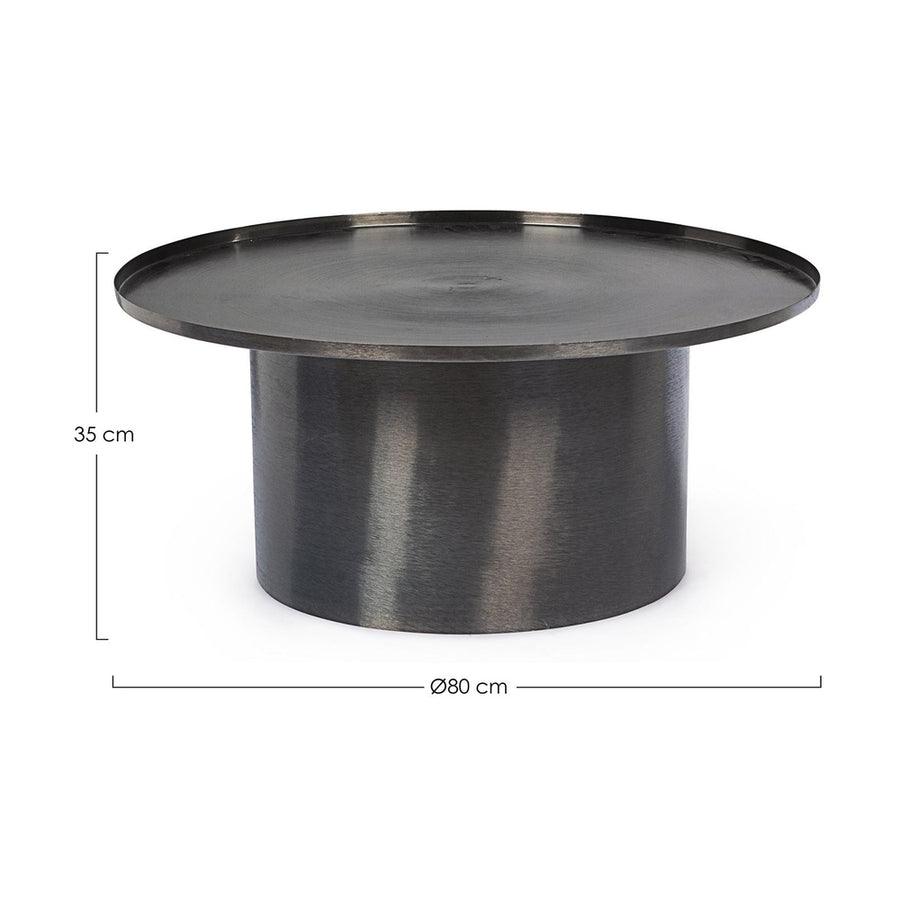 Modern, kortárs stílusú, fekete színű, nikkelezett acélból készült, kör alakú dohányzóasztal, mertekkel ellátót képe.