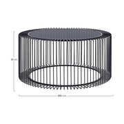 Porfestett, fekete színű acélból készült, sötét színű edzett üvegű, modern, kortárs stílusú kör alakú dohányzóasztal.