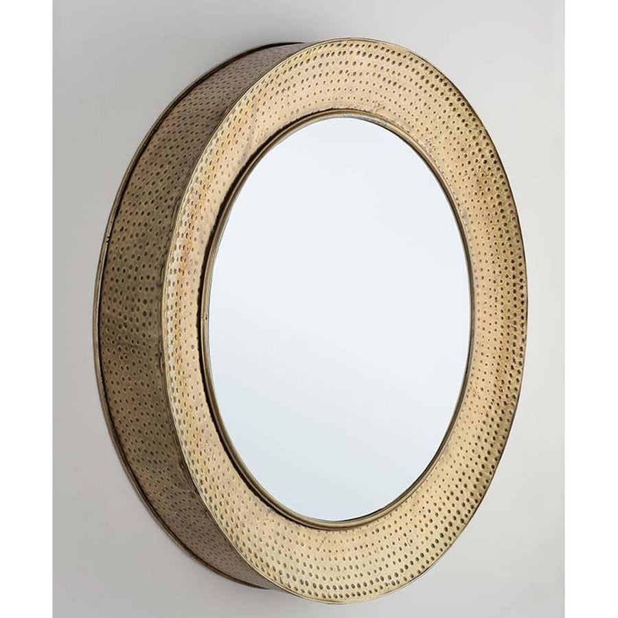 Antikolt felületű, arany színű, kör alakú fém tükör.