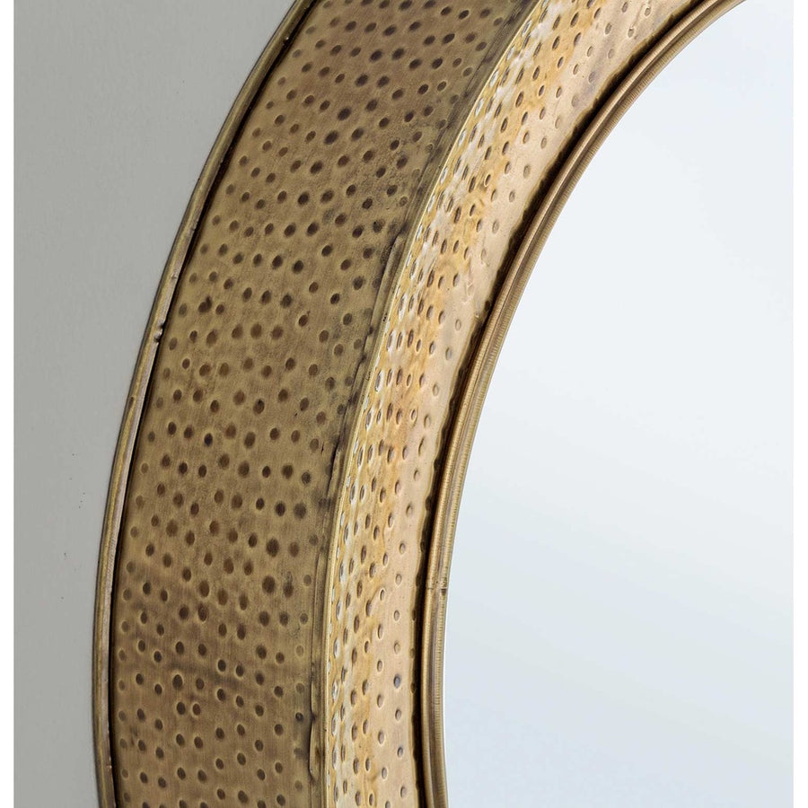 Antikolt felületű, arany színű, kör alakú fém tükör.