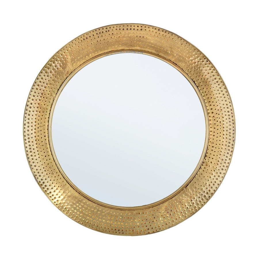 Antikolt felületű, arany színű, kör alakú fém tükör.