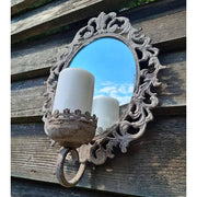 Vintage stílusú, antikolt fém falitükör gyertyatartóval