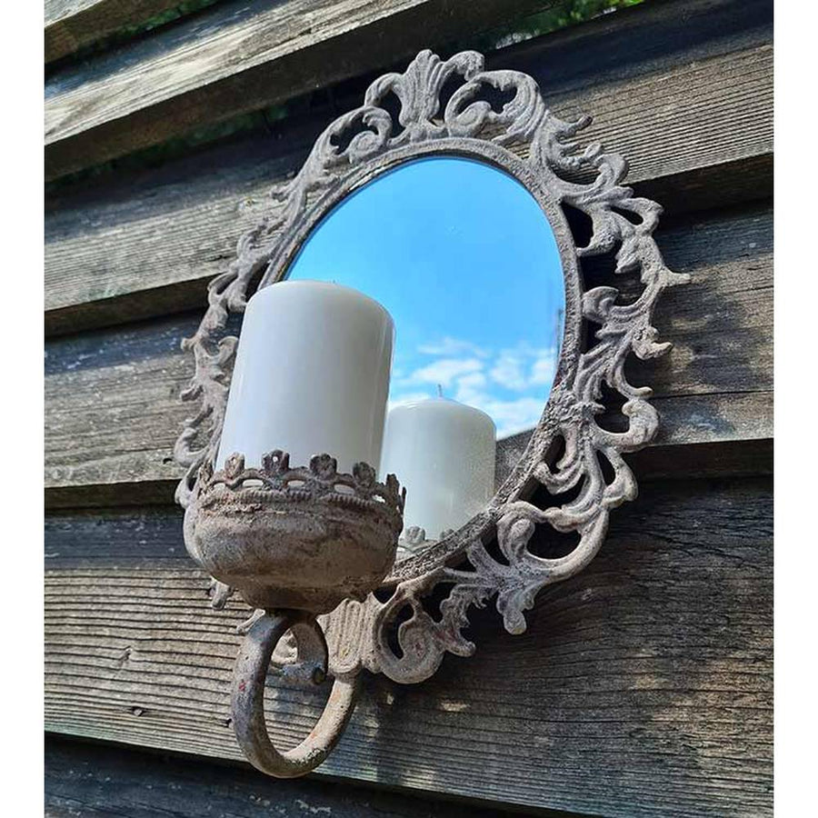 Vintage stílusú, antikolt fém falitükör gyertyatartóval