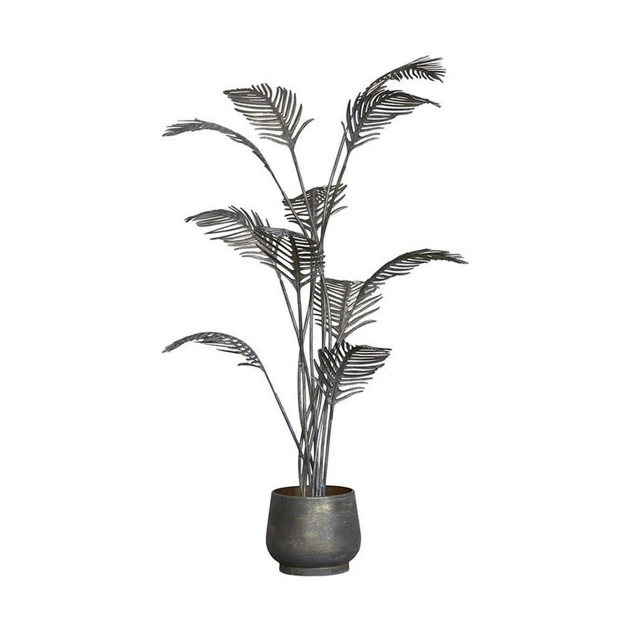 Antikolt felületű, sárgaréz színű fémből készült, kentia pálma dekoráció fém kaspóban.