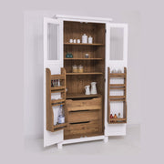 Tömör fenyőfából készült, 96 cm hosszú és 220 cm magas, ablakos, kétajtós kamraszekrény